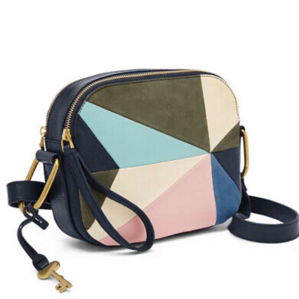 Fossil Elle light patchwork navy blue multicolored zipper crossbody purse - Picture 15 of 15